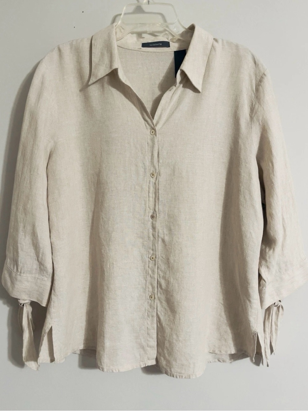 Liz Claiborne Boxy Linen Top Sz L Beige Knot Sleeve Coastal Lagenlook Minimalist - Picture 2 of 12